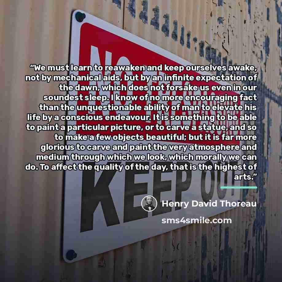 “We must learn to reawaken and keep ourselves awake, not by mechanical aids, but by an infinite expectation of the dawn, which does not forsake us even in our soundest sleep. I know of no more encouraging fact than the unquestionable ability of man to elevate his life by a conscious endeavour. It…” quote by Henry David Thoreau