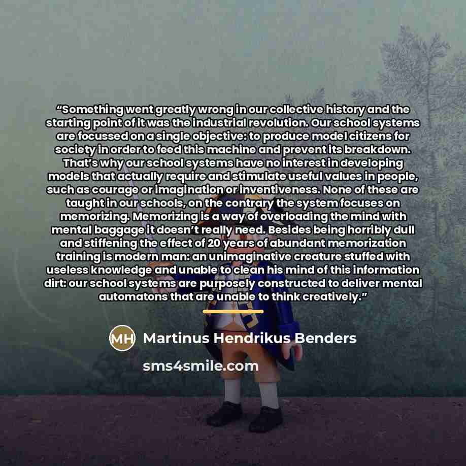 “Something went greatly wrong in our collective history and the starting point of it was the industrial revolution. Our school systems are focussed on a single objective: to produce model citizens for society in order to feed this machine and prevent its breakdown. That’s why our school systems…” quote by Martinus Hendrikus Benders