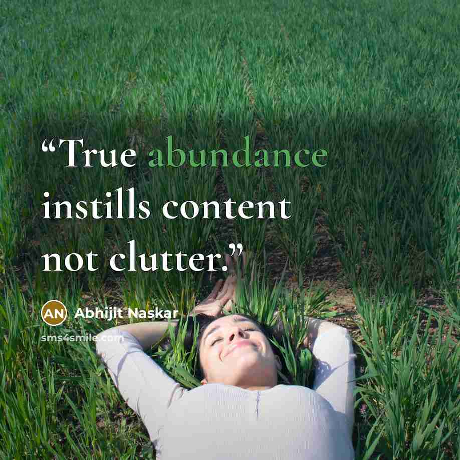 “True abundance instills content not clutter.” quote by Abhijit Naskar