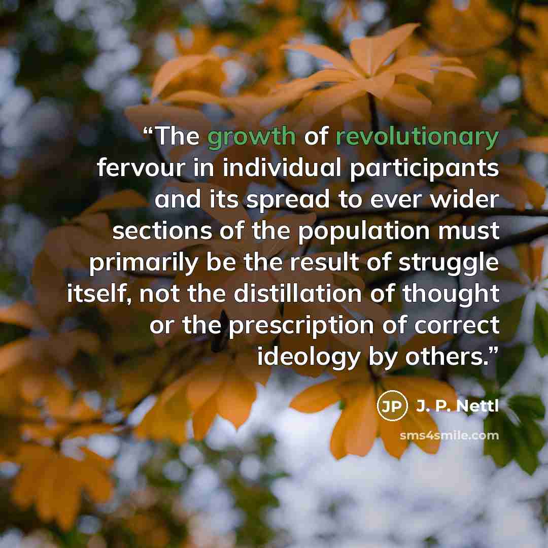 “The growth of revolutionary fervour in individual participants and its spread to ever wider sections of the population must primarily be the result of struggle itself, not the distillation of thought or the prescription of correct ideology by others.” quote by J. P. Nettl
