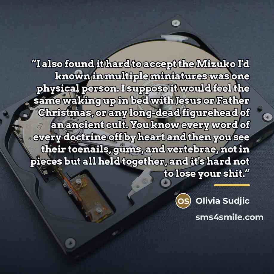 “I also found it hard to accept the Mizuko I'd known in multiple miniatures was one physical person. I suppose it would feel the same waking up in bed with Jesus or Father Christmas, or any long-dead figurehead of an ancient cult. You know every word of every doctrine off by heart and then you see…” quote by Olivia Sudjic