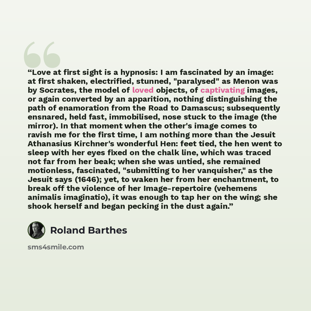 “Love at first sight is a hypnosis: I am fascinated by an image: at first shaken, electrified, stunned, "paralysed" as Menon was by Socrates, the model of loved objects, of captivating images, or again converted by an apparition, nothing distinguishing the path of enamoration from the Road to…” quote by Roland Barthes