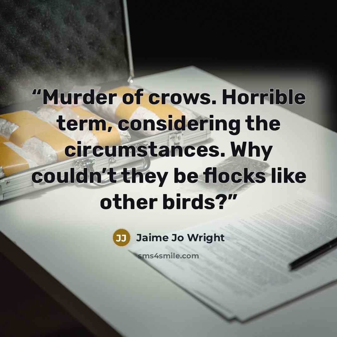 “Murder of crows. Horrible term, considering the circumstances. Why couldn’t they be flocks like other birds?” quote by Jaime Jo Wright