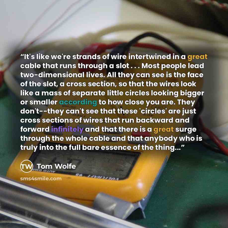 “It's like we're strands of wire intertwined in a great cable that runs through a slot . . . Most people lead two-dimensional lives. All they can see is the face of the slot, a cross section, so that the wires look like a mass of separate little circles looking bigger or smaller according to how…” quote by Tom Wolfe