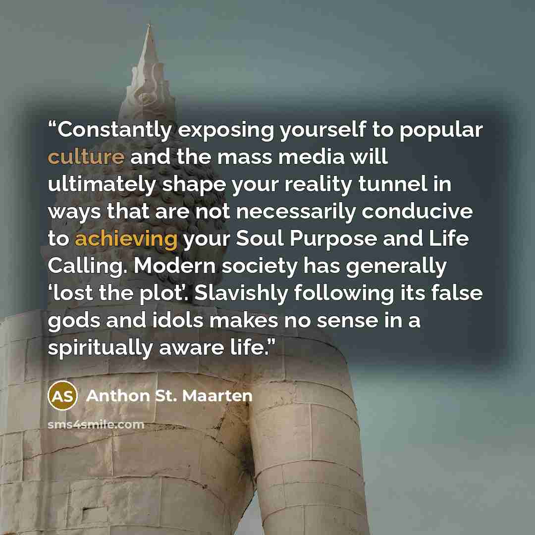 “Constantly exposing yourself to popular culture and the mass media will ultimately shape your reality tunnel in ways that are not necessarily conducive to achieving your Soul Purpose and Life Calling. Modern society has generally ‘lost the plot’. Slavishly following its false gods and idols makes…” quote by Anthon St. Maarten
