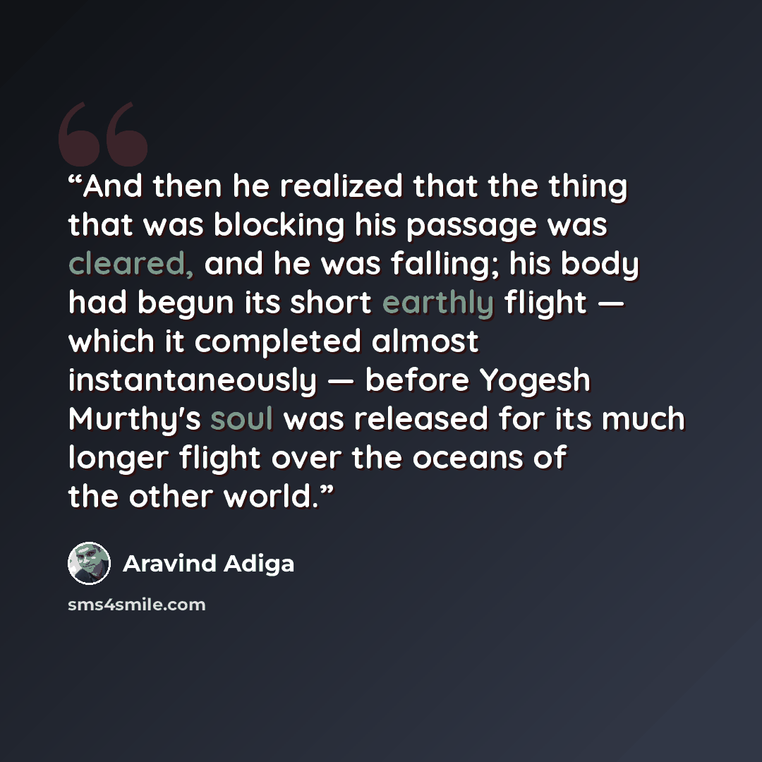 “And then he realized that the thing that was blocking his passage was cleared, and he was falling; his body had begun its short earthly flight — which it completed almost instantaneously — before Yogesh Murthy's soul was released for its much longer flight over the oceans of the other world.” quote by Aravind Adiga