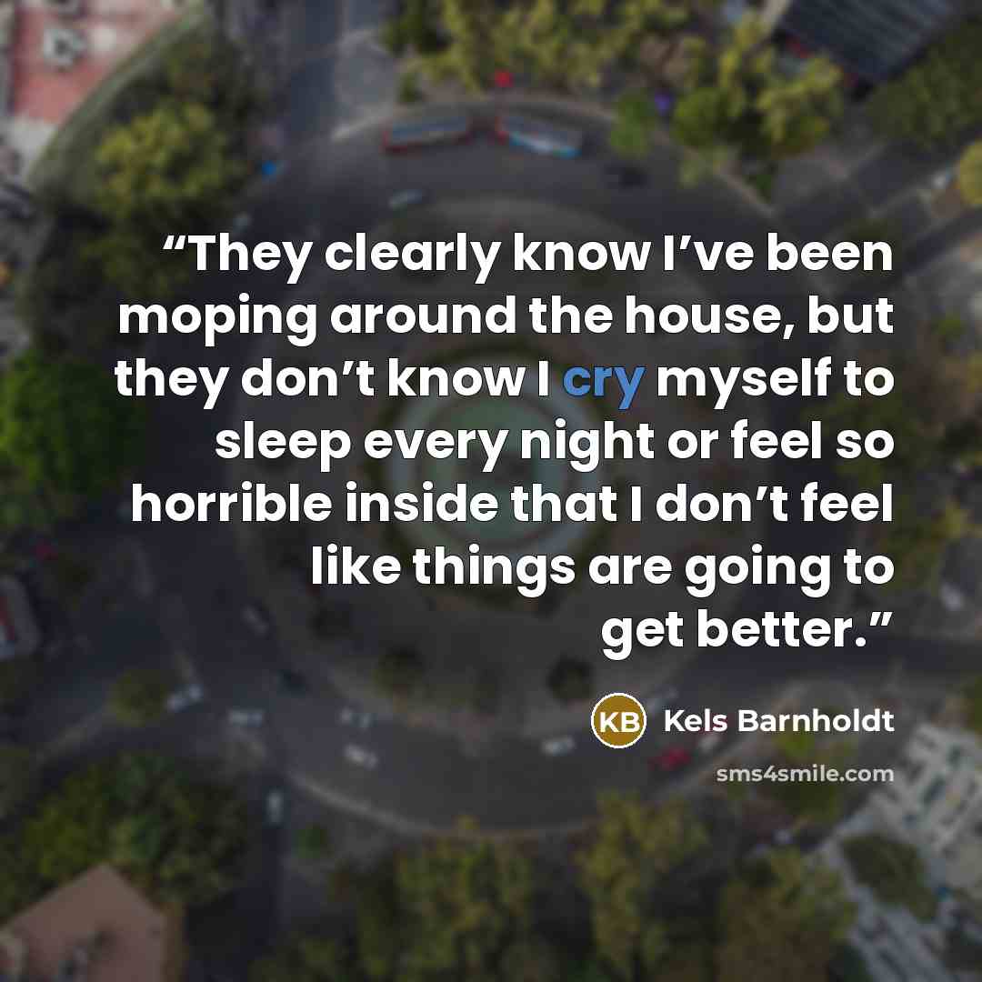 “They clearly know I’ve been moping around the house, but they don’t know I cry myself to sleep every night or feel so horrible inside that I don’t feel like things are going to get better.” quote by Kels Barnholdt