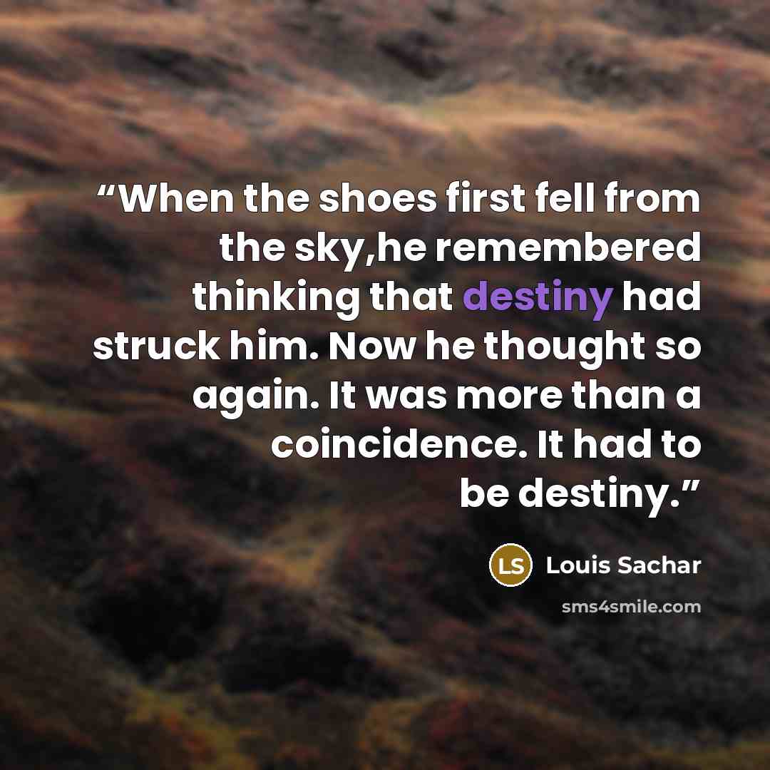 “When the shoes first fell from the sky,he remembered thinking that destiny had struck him. Now he thought so again. It was more than a coincidence. It had to be destiny.” quote by Louis Sachar