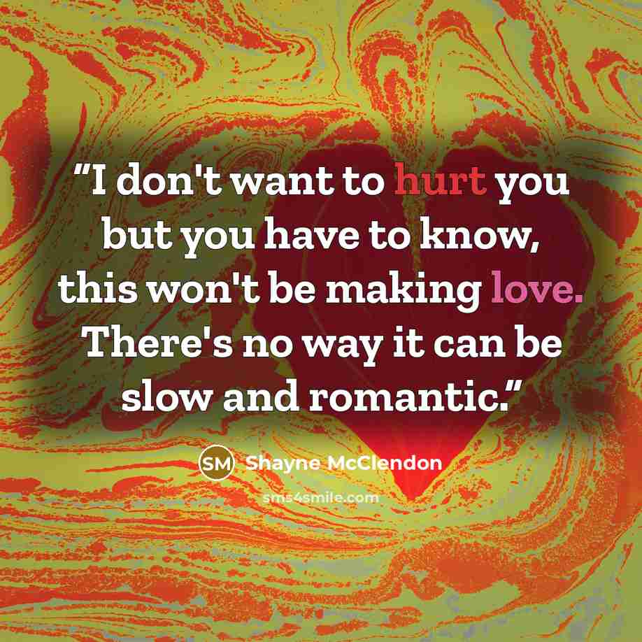 “I don't want to hurt you but you have to know, this won't be making love. There's no way it can be slow and romantic.” quote by Shayne McClendon