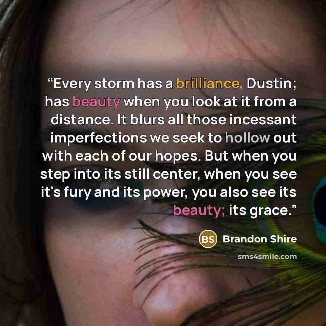 “Every storm has a brilliance, Dustin; has beauty when you look at it from a distance. It blurs all those incessant imperfections we seek to hollow out with each of our hopes. But when you step into its still center, when you see it's fury and its power, you also see its beauty; its grace.” quote by Brandon Shire