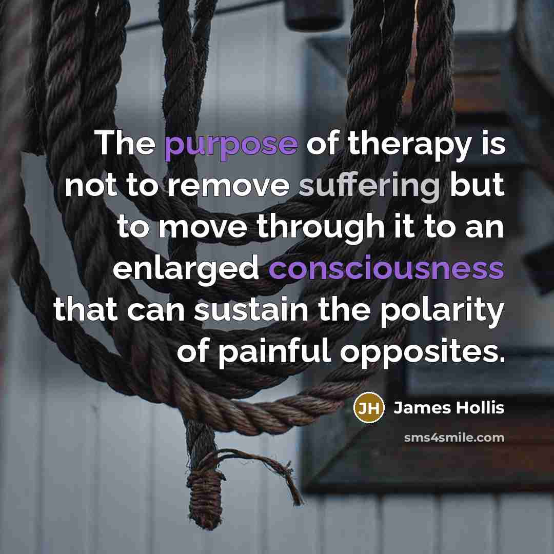 “The purpose of therapy is not to remove suffering but to move through it to an enlarged consciousness that can sustain the polarity of painful opposites.” quote by James Hollis