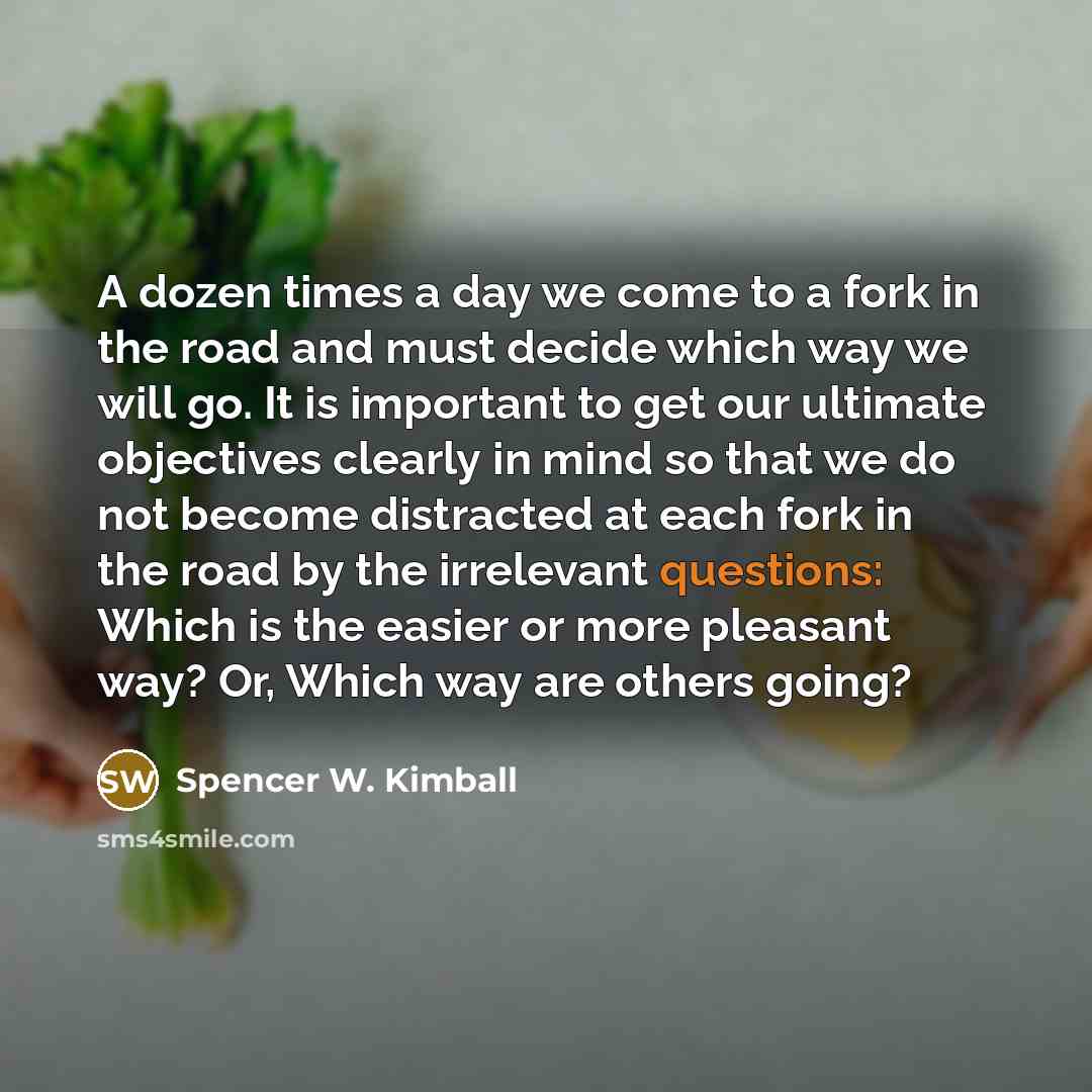 “A dozen times a day we come to a fork in the road and must decide which way we will go. It is important to get our ultimate objectives clearly in mind so that we do not become distracted at each fork in the road by the irrelevant questions: Which is the easier or more pleasant way? Or, Which way…” quote by Spencer W. Kimball