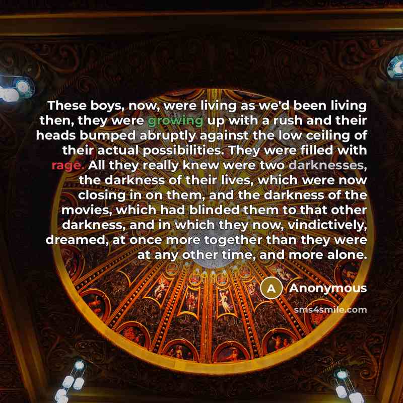 “These boys, now, were living as we'd been living then, they were growing up with a rush and their heads bumped abruptly against the low ceiling of their actual possibilities. They were filled with rage. All they really knew were two darknesses, the darkness of their lives, which were now closing…” quote by Anonymous