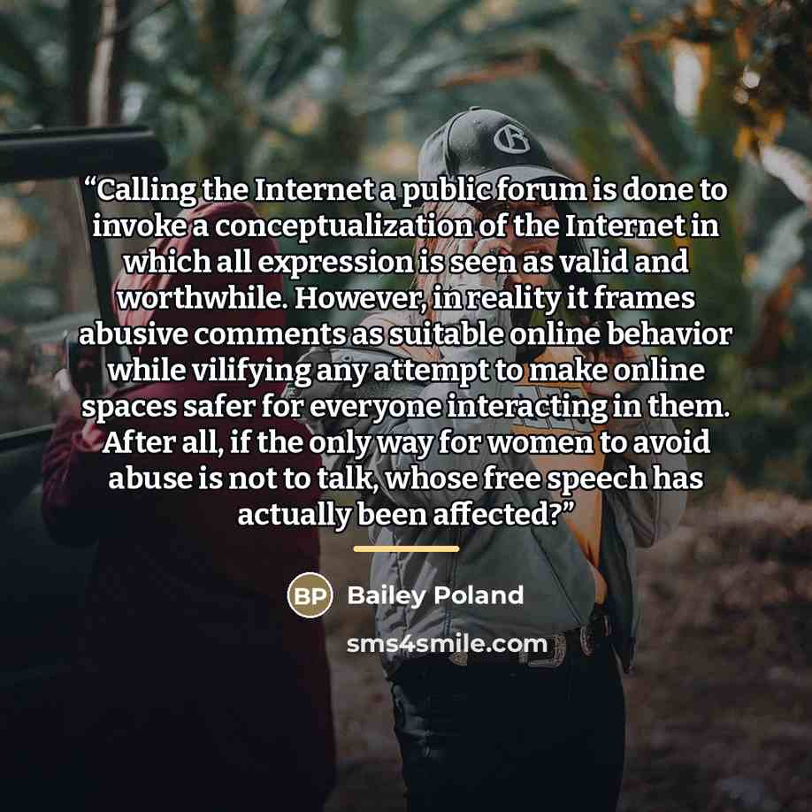 “Calling the Internet a public forum is done to invoke a conceptualization of the Internet in which all expression is seen as valid and worthwhile. However, in reality it frames abusive comments as suitable online behavior while vilifying any attempt to make online spaces safer for everyone…” quote by Bailey Poland