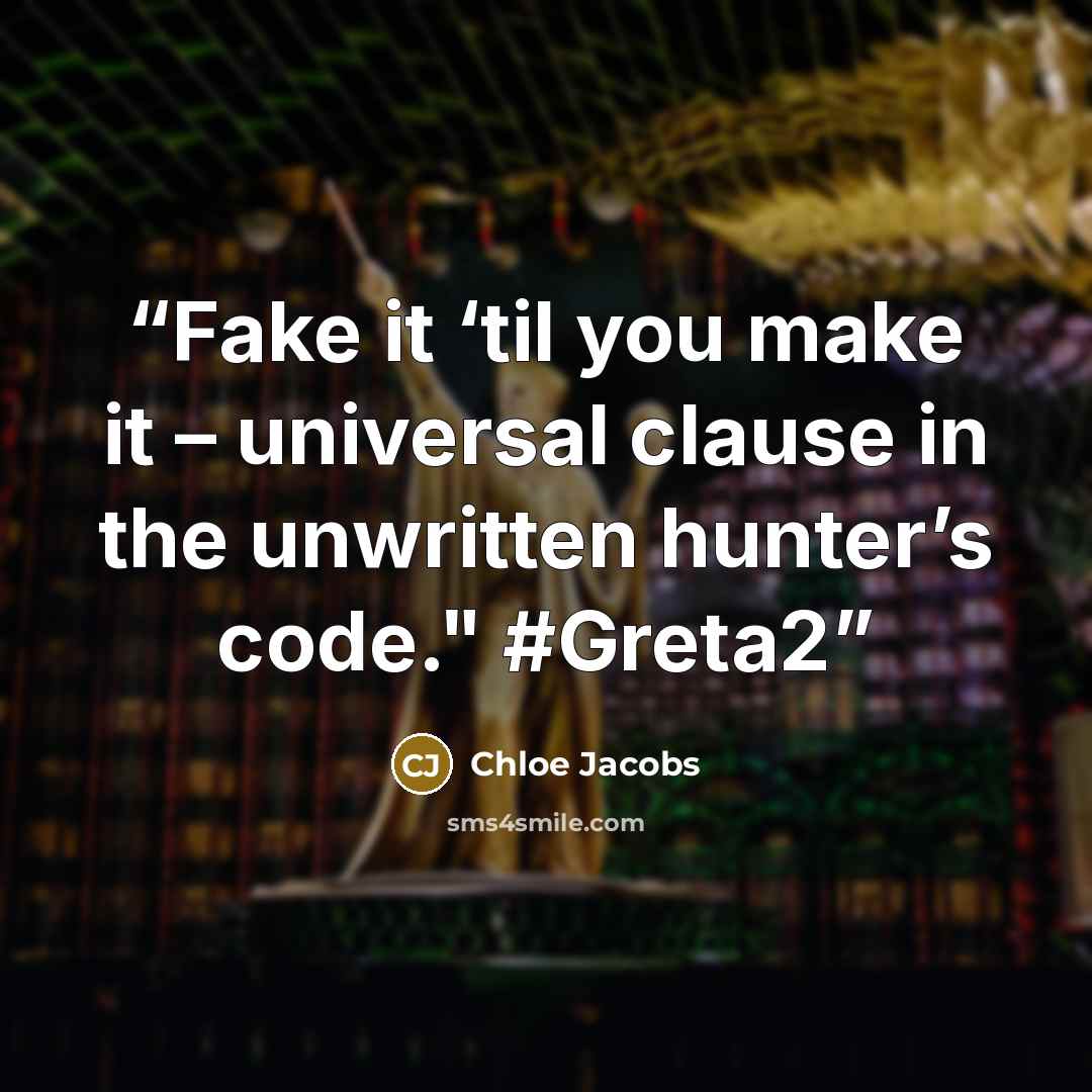 “Fake it ‘til you make it – universal clause in the unwritten hunter’s code." ‪#Greta2” quote by Chloe Jacobs
