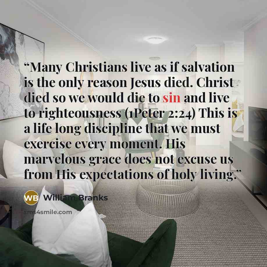 “Many Christians live as if salvation is the only reason Jesus died. Christ died so we would die to sin and live to righteousness (1Peter 2:24) This is a life long discipline that we must exercise every moment. His marvelous grace does not excuse us from His expectations of holy living.” quote by William Branks
