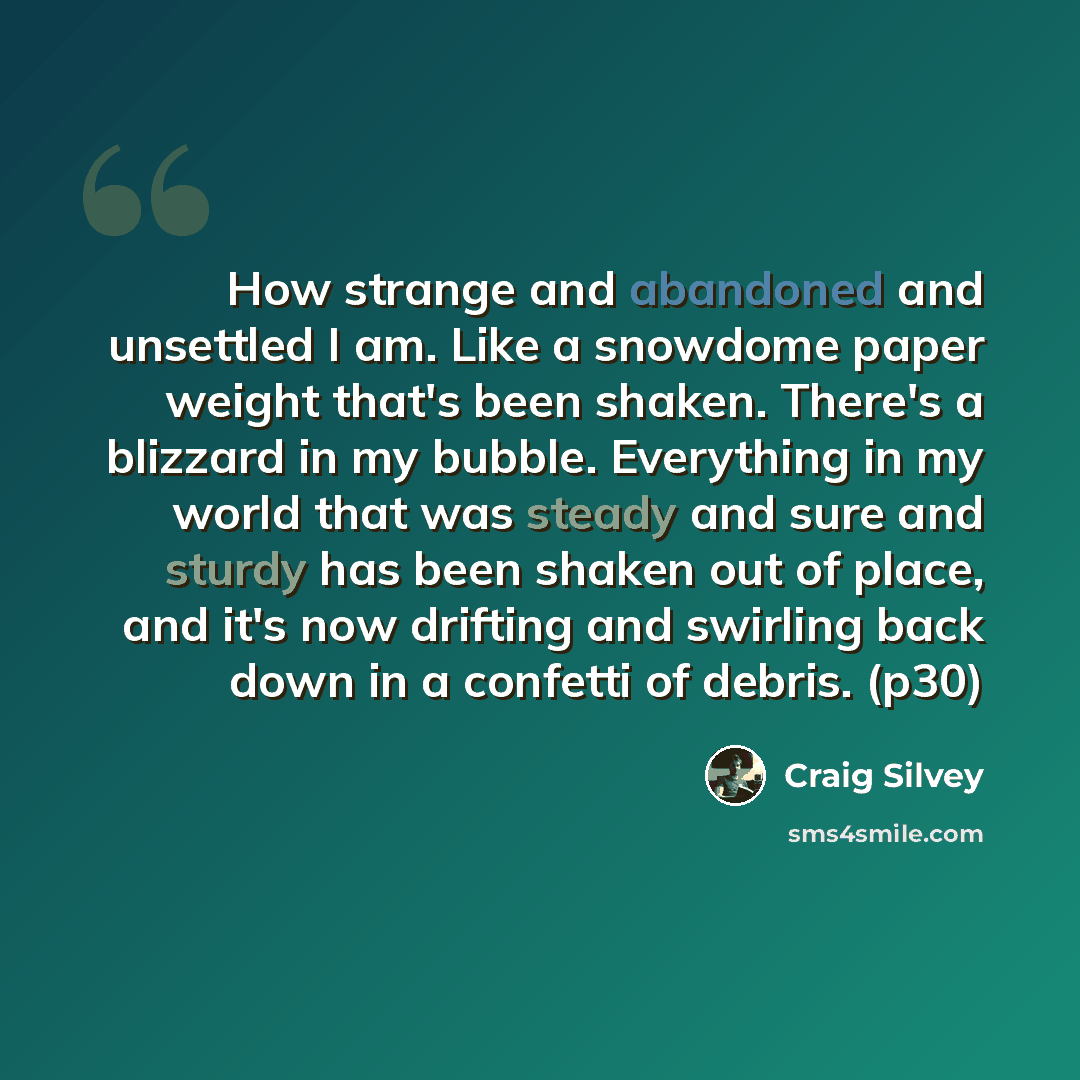 “How strange and abandoned and unsettled I am. Like a snowdome paper weight that's been shaken. There's a blizzard in my bubble. Everything in my world that was steady and sure and sturdy has been shaken out of place, and it's now drifting and swirling back down in a confetti of debris. (p30)” quote by Craig Silvey