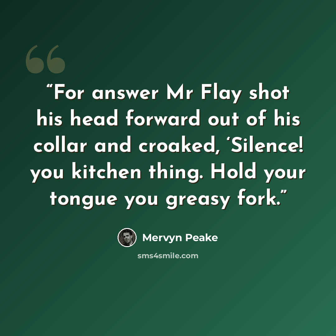 “For answer Mr Flay shot his head forward out of his collar and croaked, ‘Silence! you kitchen thing. Hold your tongue you greasy fork.” quote by Mervyn Peake