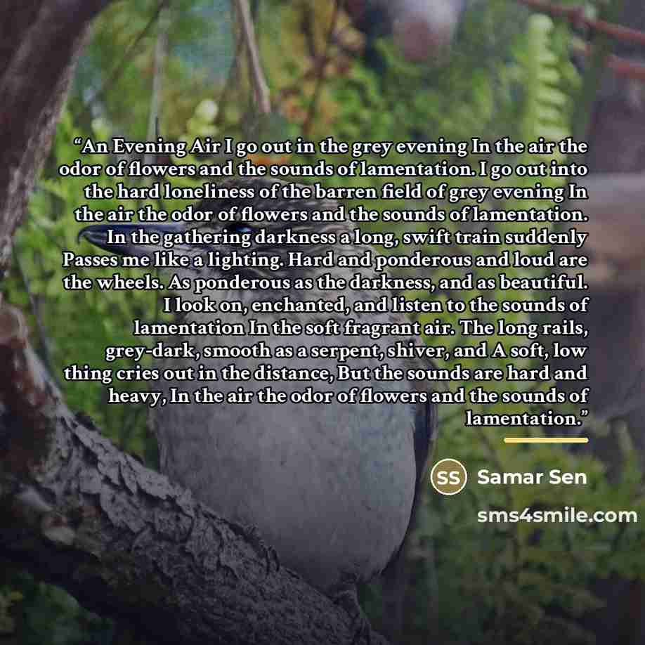 “An Evening Air I go out in the grey evening In the air the odor of flowers and the sounds of lamentation. I go out into the hard loneliness of the barren field of grey evening In the air the odor of flowers and the sounds of lamentation. In the gathering darkness a long, swift train suddenly…” quote by Samar Sen