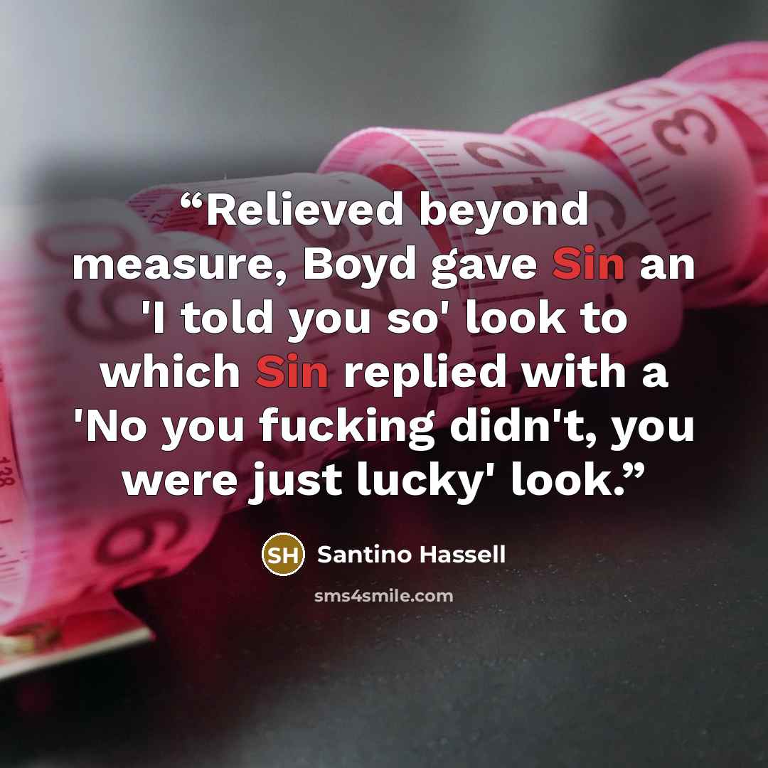 “Relieved beyond measure, Boyd gave Sin an 'I told you so' look to which Sin replied with a 'No you fucking didn't, you were just lucky' look.” quote by Santino Hassell
