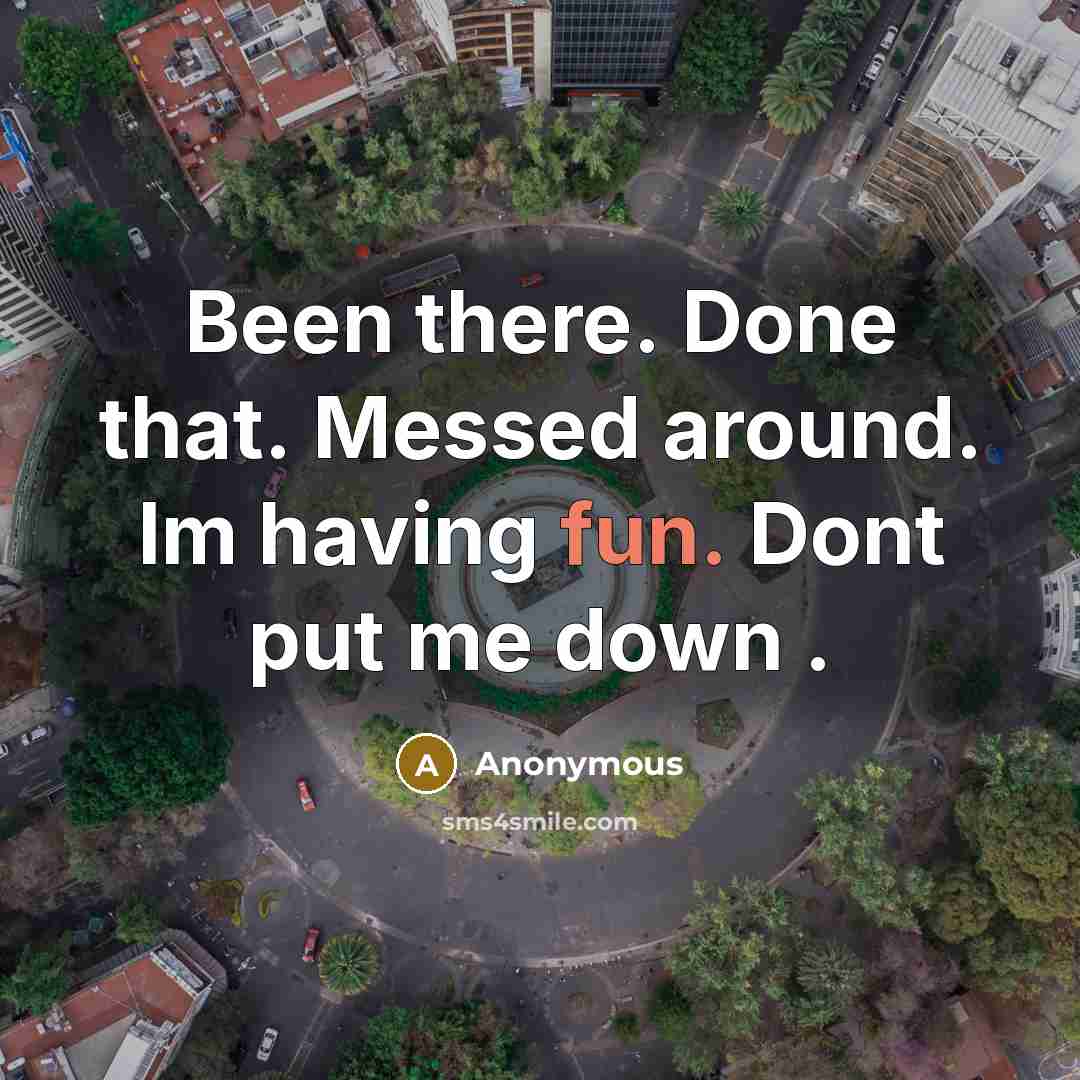 “Been there. Done that. Messed around. Im having fun. Dont put me down .” quote by Anonymous