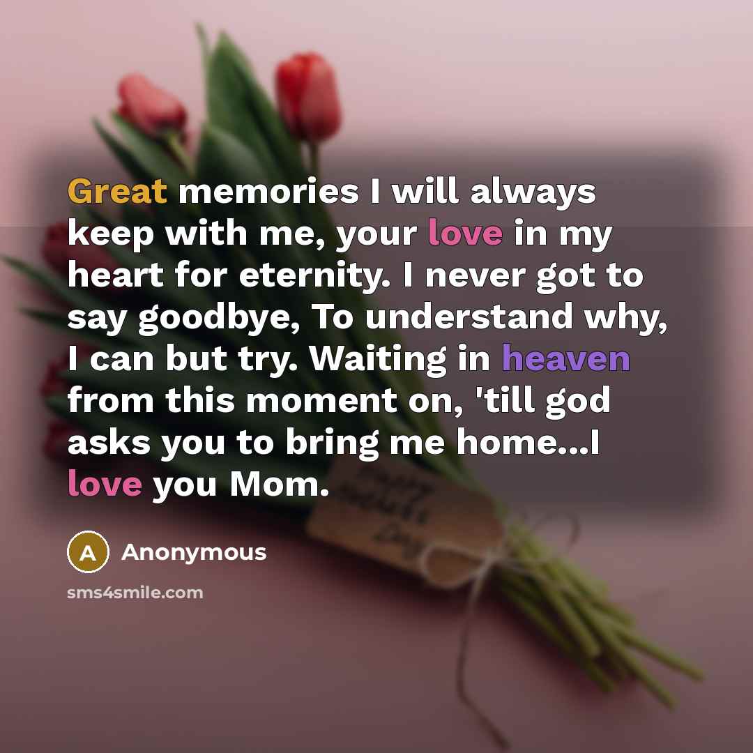 “Great memories I will always keep with me, your love in my heart for eternity. I never got to say goodbye, To understand why, I can but try. Waiting in heaven from this moment on, 'till god asks you to bring me home...I love you Mom.” quote by Anonymous