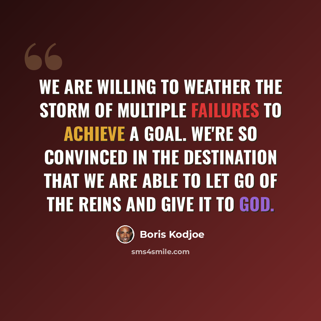 “We are willing to weather the storm of multiple failures to achieve a goal. We're so convinced in the destination that we are able to let go of the reins and give it to God.” quote by Boris Kodjoe