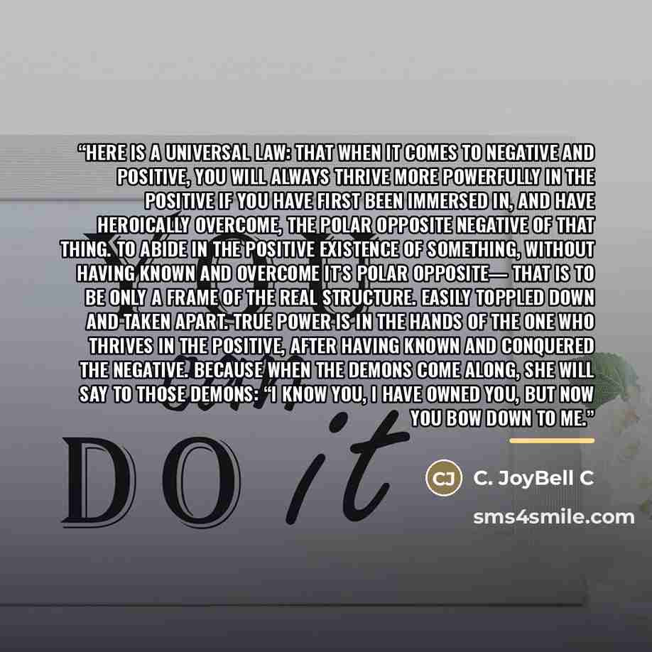 “Here is a universal law: that when it comes to negative and positive, you will always thrive more powerfully in the positive if you have first been immersed in, and have heroically overcome, the polar opposite negative of that thing. To abide in the positive existence of something, without having…” quote by C. JoyBell C