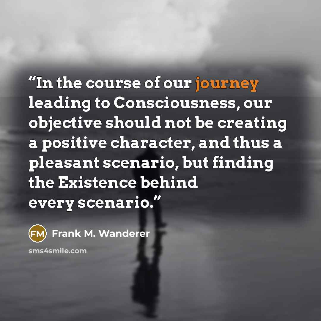 “In the course of our journey leading to Consciousness, our objective should not be creating a positive character, and thus a pleasant scenario, but finding the Existence behind every scenario.” quote by Frank M. Wanderer