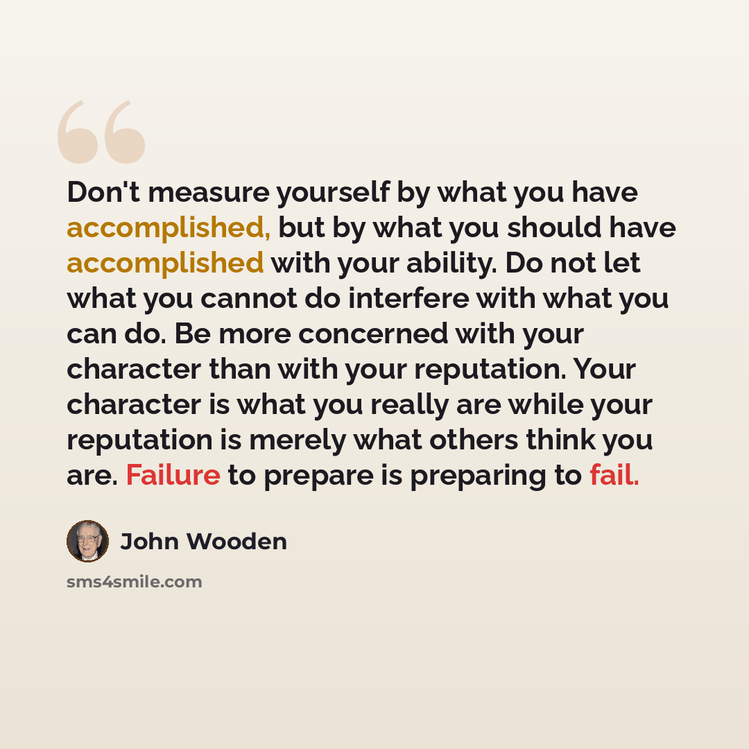 “Don't measure yourself by what you have accomplished, but by what you should have accomplished with your ability. Do not let what you cannot do interfere with what you can do. Be more concerned with your character than with your reputation. Your character is what you really are while your…” quote by John Wooden