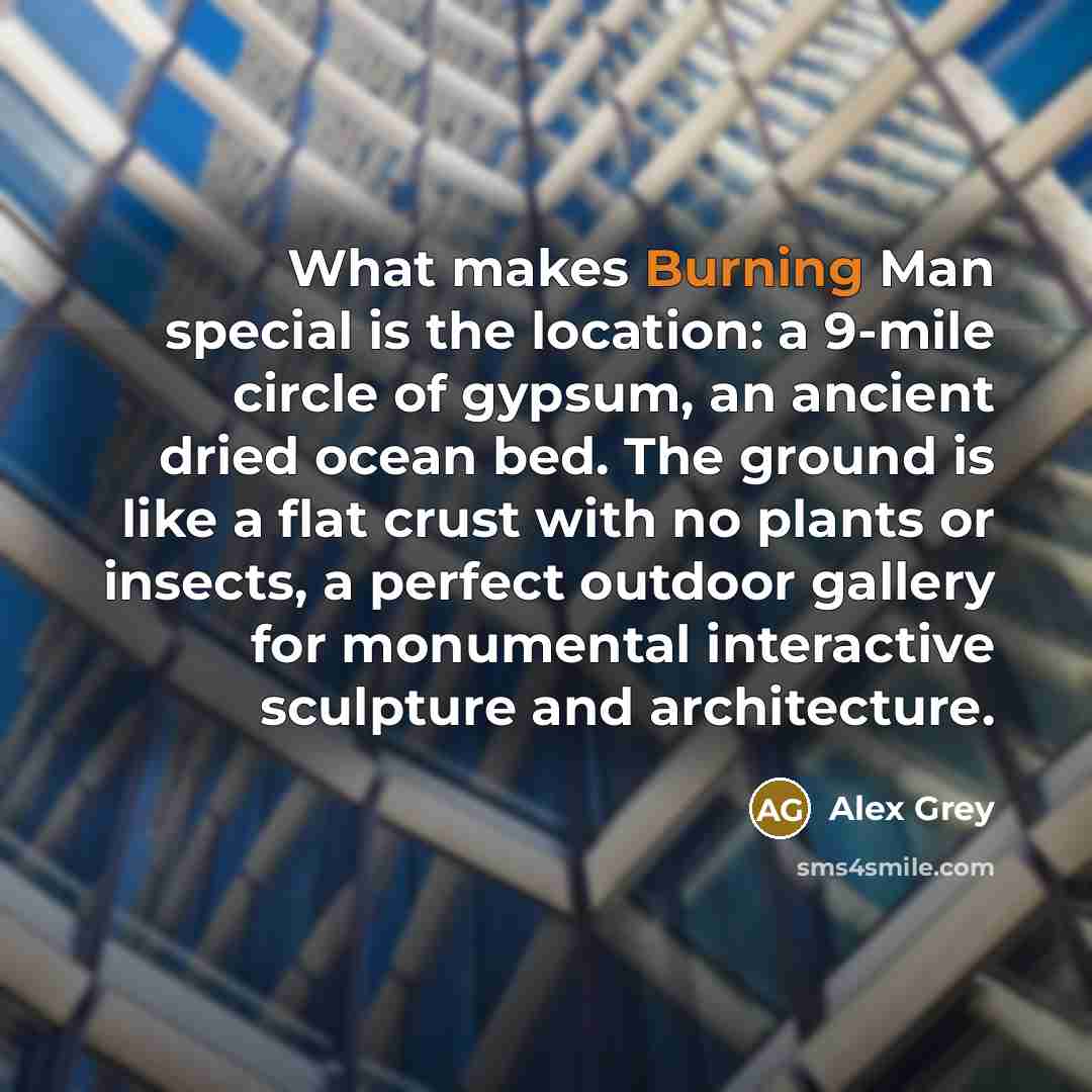 “What makes Burning Man special is the location: a 9-mile circle of gypsum, an ancient dried ocean bed. The ground is like a flat crust with no plants or insects, a perfect outdoor gallery for monumental interactive sculpture and architecture.” quote by Alex Grey