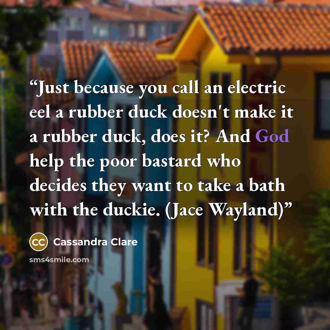 “Just because you call an electric eel a rubber duck doesn't make it a rubber duck, does it? And God help the poor bastard who decides they want to take a bath with the duckie. (Jace Wayland)” quote by Cassandra Clare