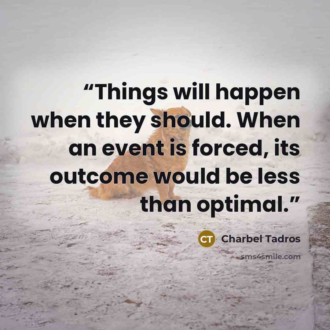 “Things will happen when they should. When an event is forced, its outcome would be less than optimal.” quote by Charbel Tadros