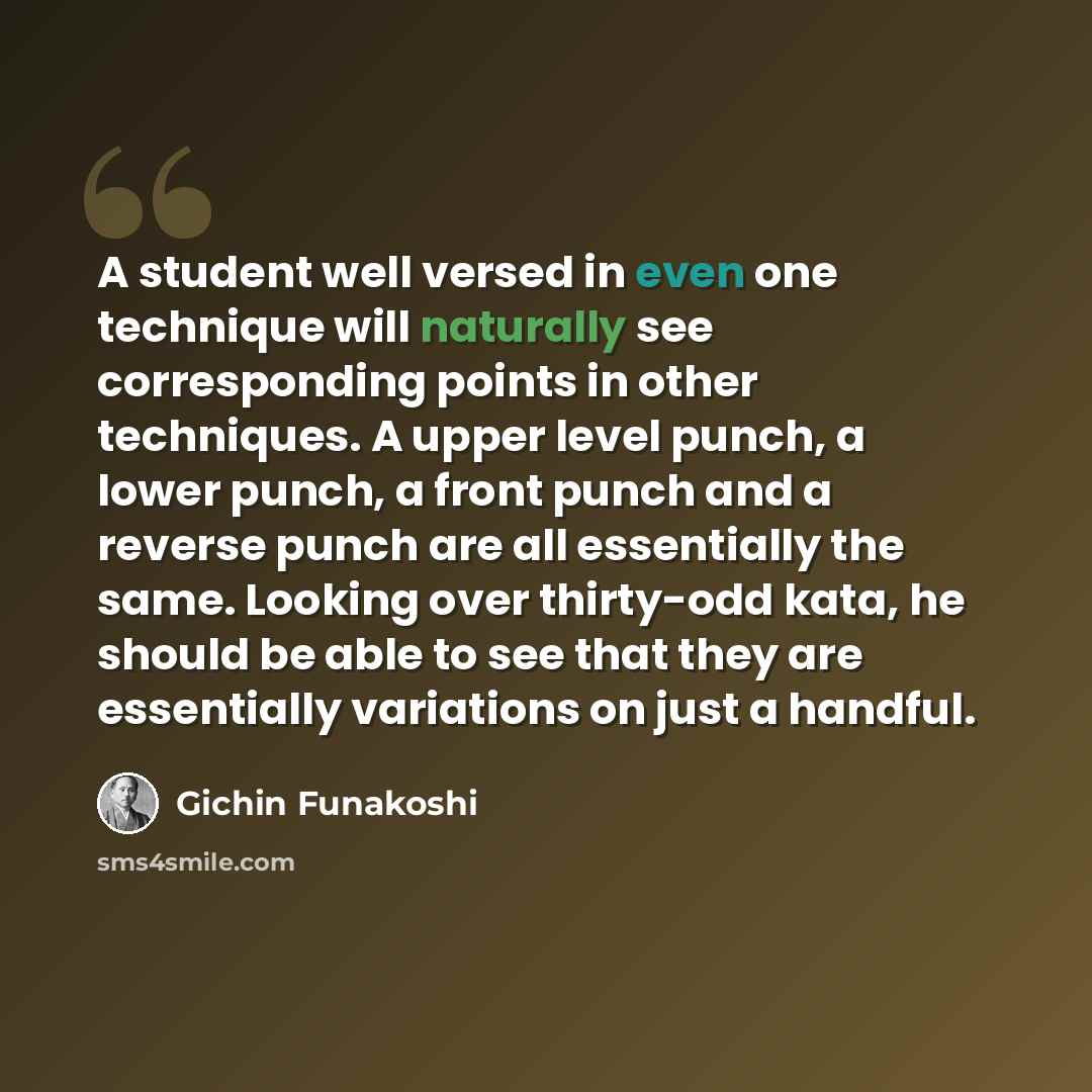 “A student well versed in even one technique will naturally see corresponding points in other techniques. A upper level punch, a lower punch, a front punch and a reverse punch are all essentially the same. Looking over thirty-odd kata, he should be able to see that they are essentially variations…” quote by Gichin Funakoshi