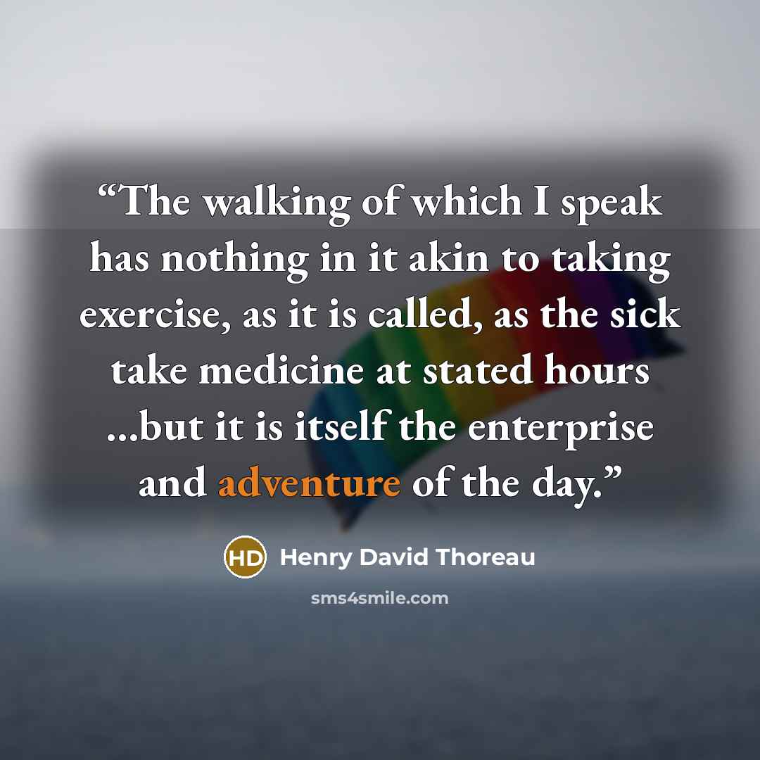 “The walking of which I speak has nothing in it akin to taking exercise, as it is called, as the sick take medicine at stated hours …but it is itself the enterprise and adventure of the day.” quote by Henry David Thoreau