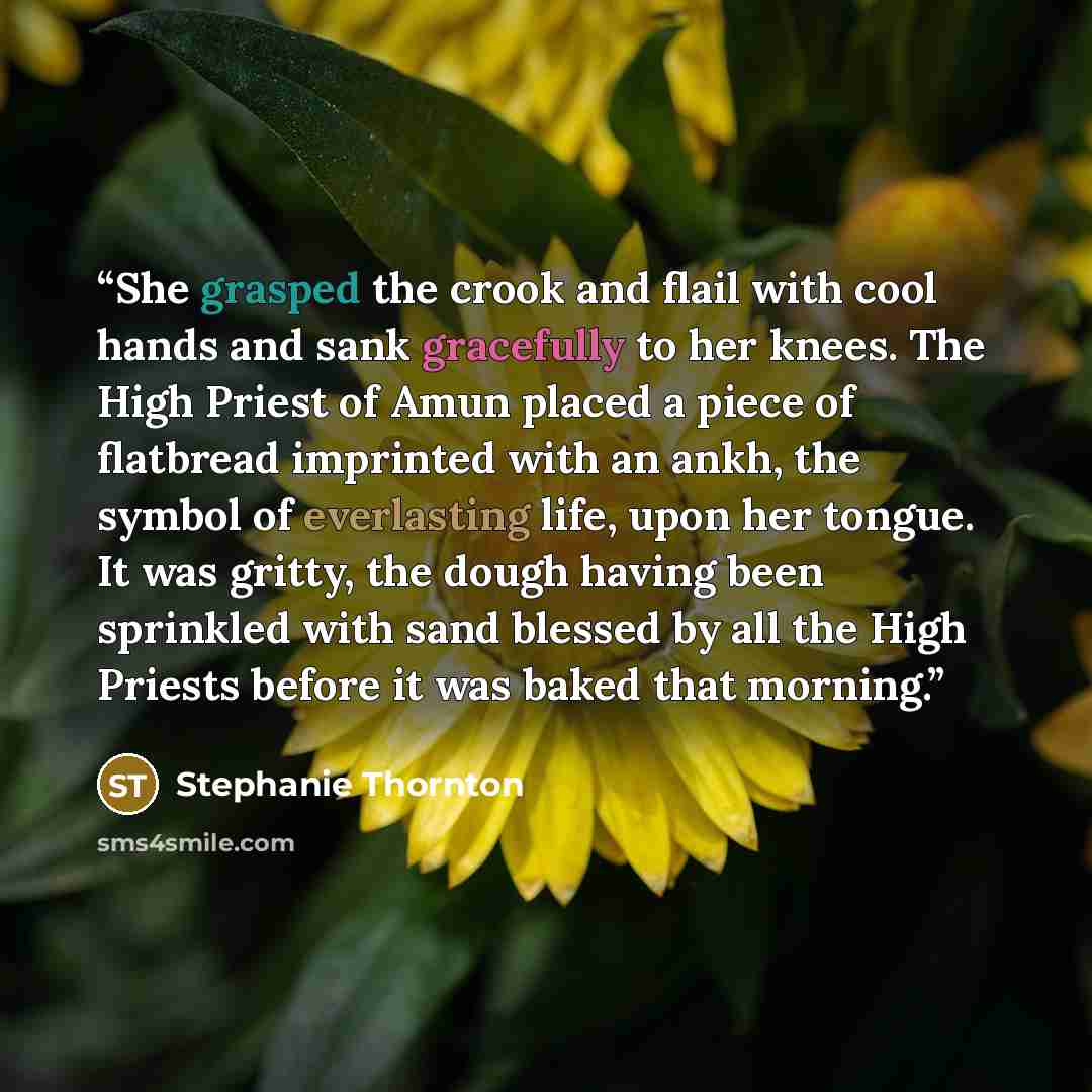 “She grasped the crook and flail with cool hands and sank gracefully to her knees. The High Priest of Amun placed a piece of flatbread imprinted with an ankh, the symbol of everlasting life, upon her tongue. It was gritty, the dough having been sprinkled with sand blessed by all the High Priests…” quote by Stephanie Thornton