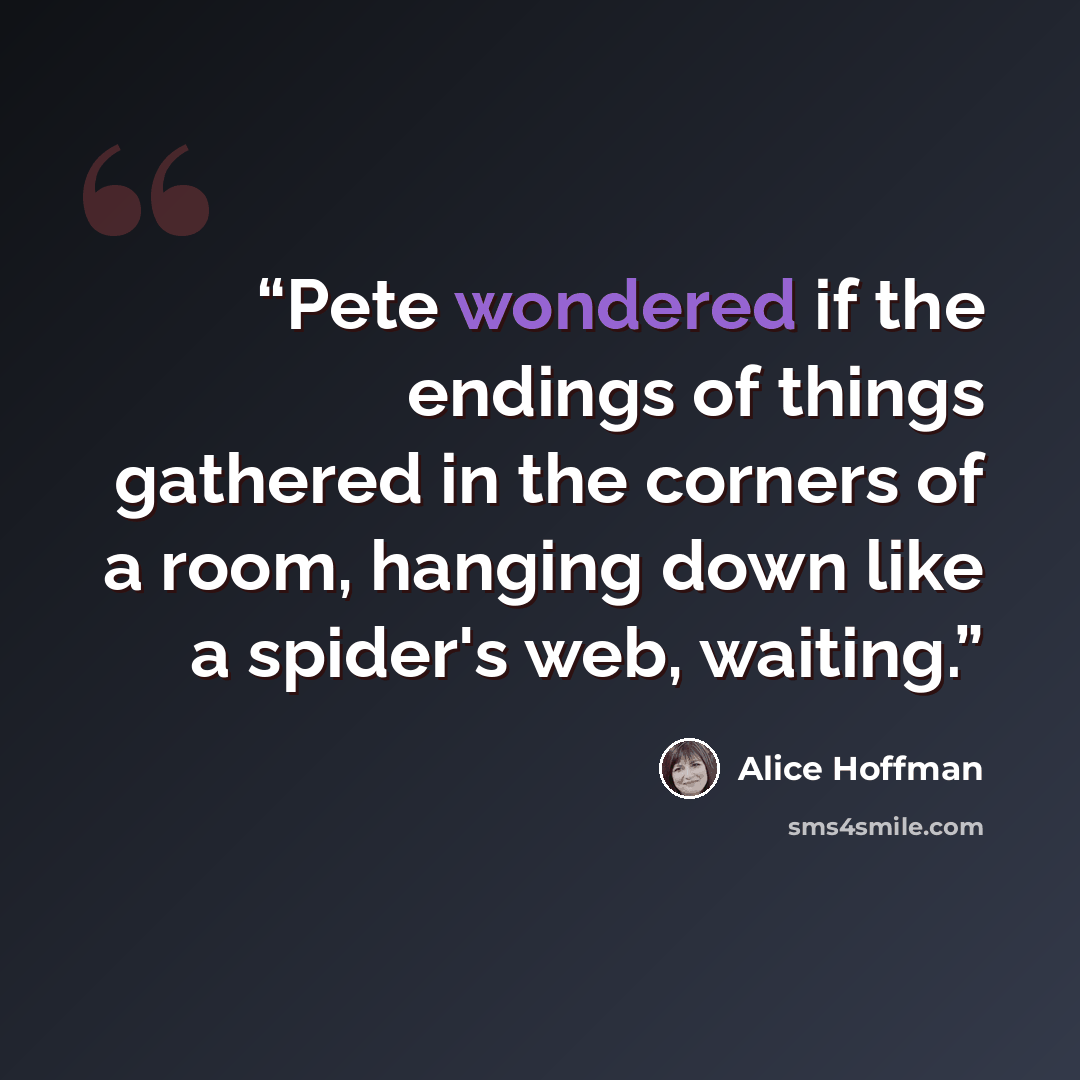 “Pete wondered if the endings of things gathered in the corners of a room, hanging down like a spider's web, waiting.” quote by Alice Hoffman