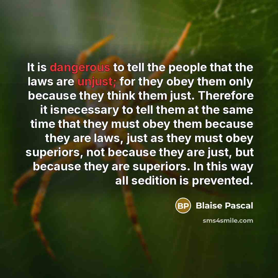 “It is dangerous to tell the people that the laws are unjust; for they obey them only because they think them just. Therefore it isnecessary to tell them at the same time that they must obey them because they are laws, just as they must obey superiors, not because they are just, but because they…” quote by Blaise Pascal