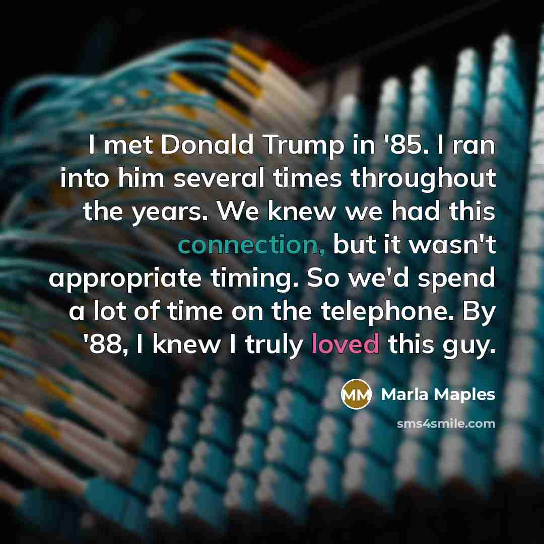 “I met Donald Trump in '85. I ran into him several times throughout the years. We knew we had this connection, but it wasn't appropriate timing. So we'd spend a lot of time on the telephone. By '88, I knew I truly loved this guy.” quote by Marla Maples