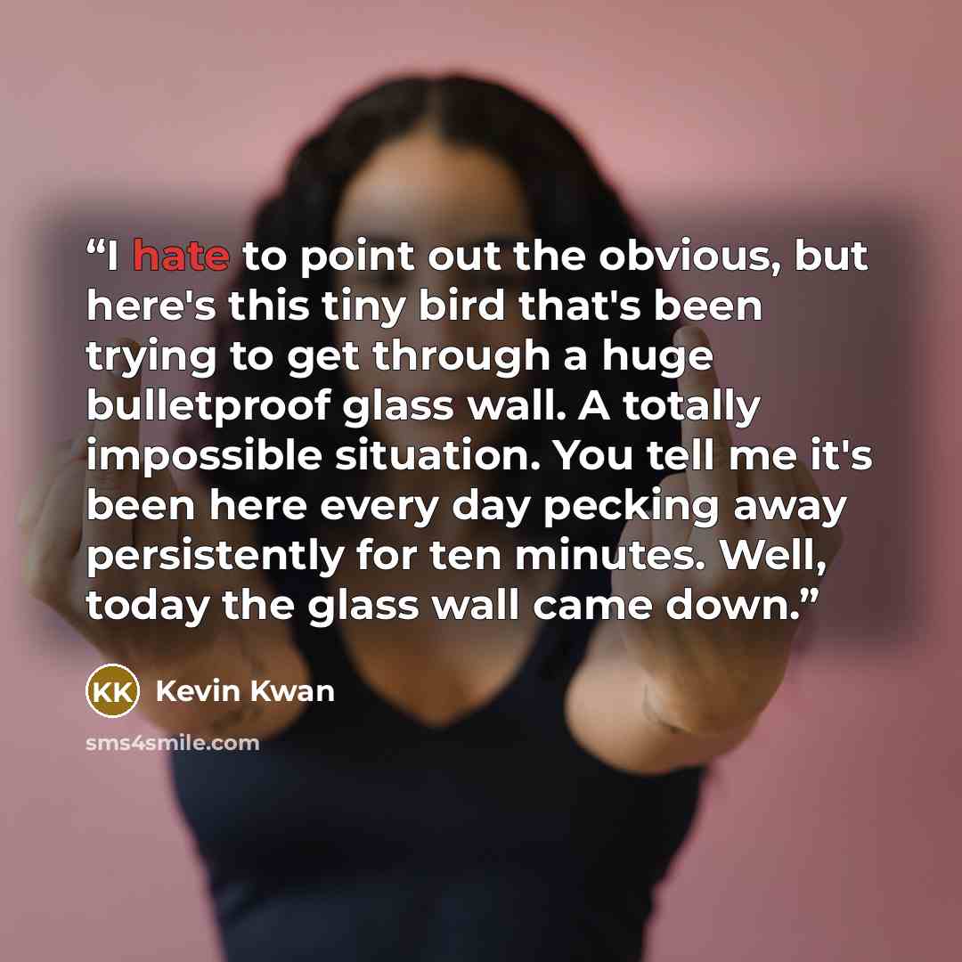 “I hate to point out the obvious, but here's this tiny bird that's been trying to get through a huge bulletproof glass wall. A totally impossible situation. You tell me it's been here every day pecking away persistently for ten minutes. Well, today the glass wall came down.” quote by Kevin Kwan