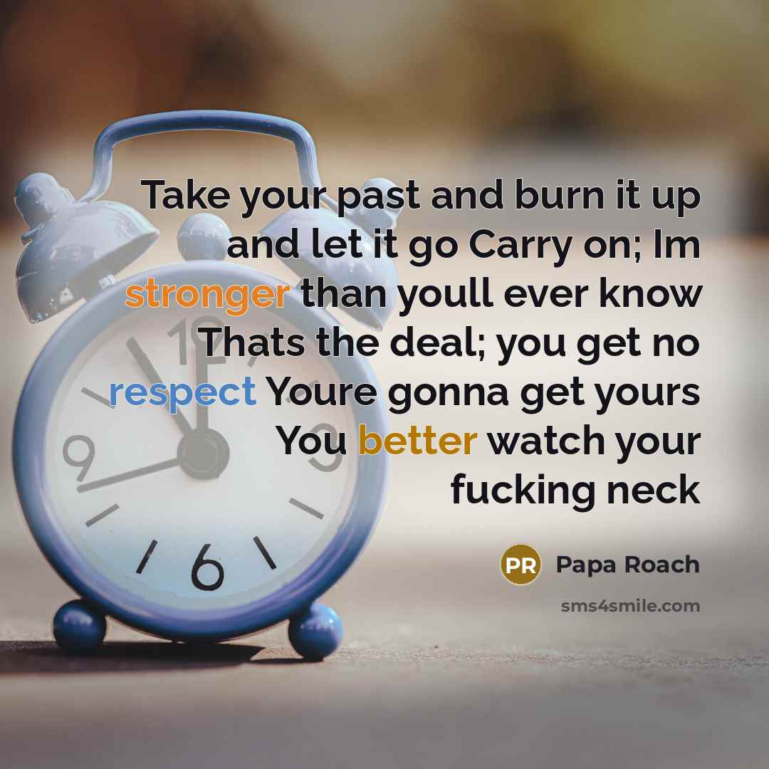“Take your past and burn it up and let it go Carry on; Im stronger than youll ever know Thats the deal; you get no respect Youre gonna get yours You better watch your fucking neck” quote by Papa Roach