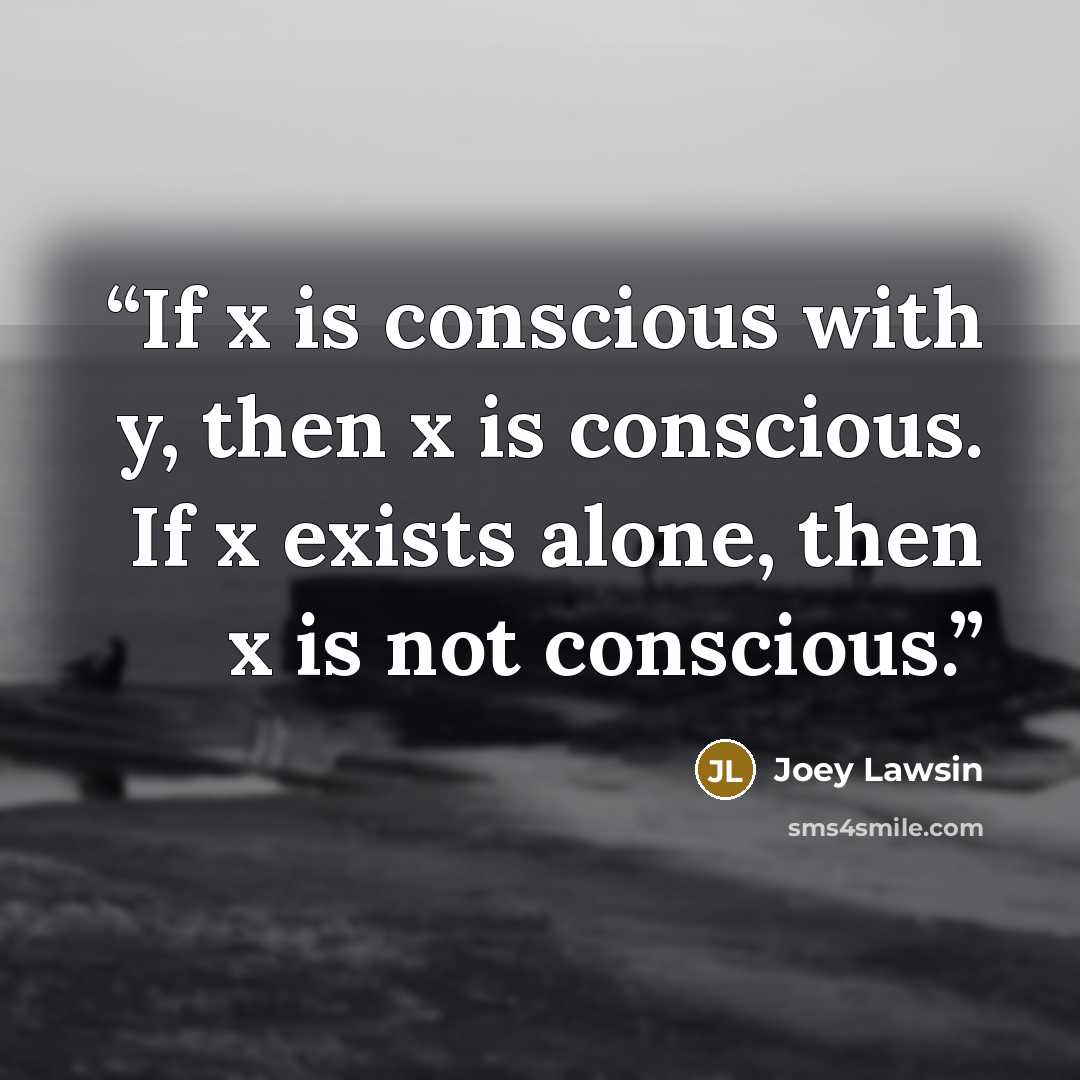 “If x is conscious with y, then x is conscious. If x exists alone, then x is not conscious.” quote by Joey Lawsin