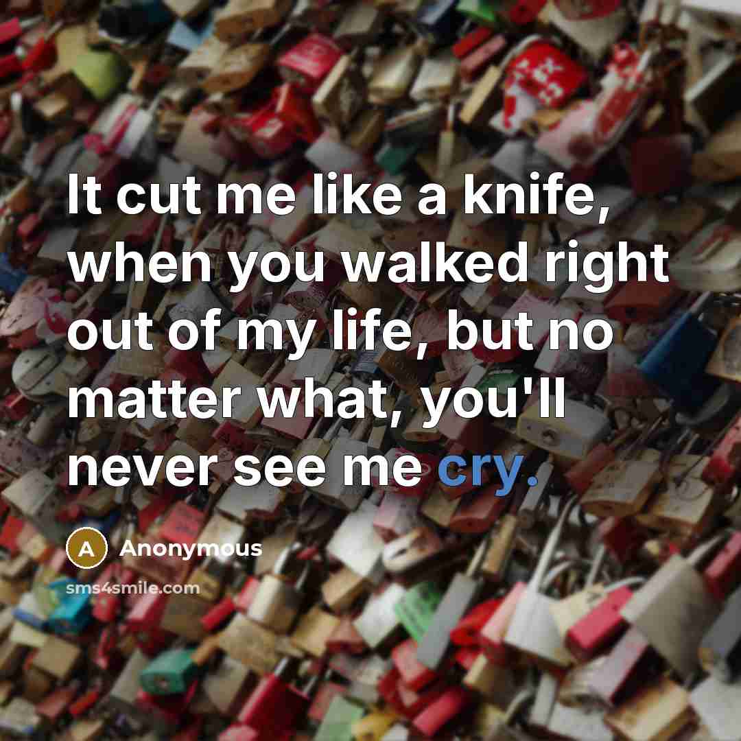 “It cut me like a knife, when you walked right out of my life, but no matter what, you'll never see me cry.” quote by Anonymous