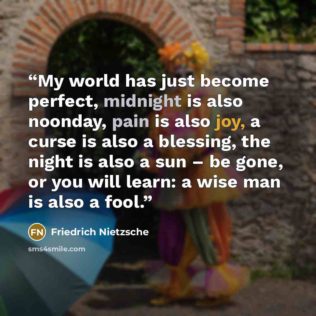 “My world has just become perfect, midnight is also noonday, pain is also joy, a curse is also a blessing, the night is also a sun – be gone, or you will learn: a wise man is also a fool.” quote by Friedrich Nietzsche