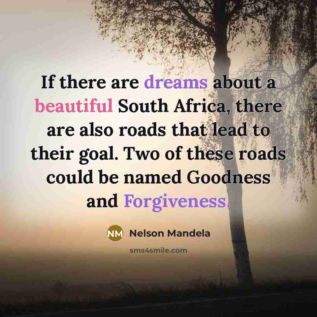 “If there are dreams about a beautiful South Africa, there are also roads that lead to their goal. Two of these roads could be named Goodness and Forgiveness.” quote by Nelson Mandela