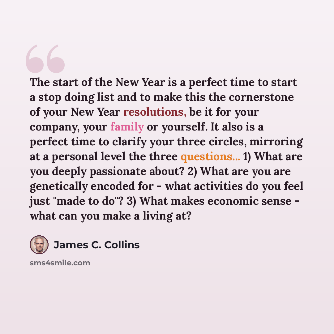 “The start of the New Year is a perfect time to start a stop doing list and to make this the cornerstone of your New Year resolutions, be it for your company, your family or yourself. It also is a perfect time to clarify your three circles, mirroring at a personal level the three questions... 1)…” quote by James C. Collins