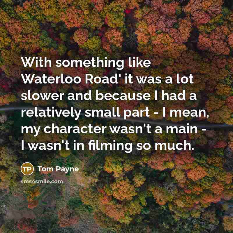 “With something like Waterloo Road' it was a lot slower and because I had a relatively small part - I mean, my character wasn't a main - I wasn't in filming so much.” quote by Tom Payne