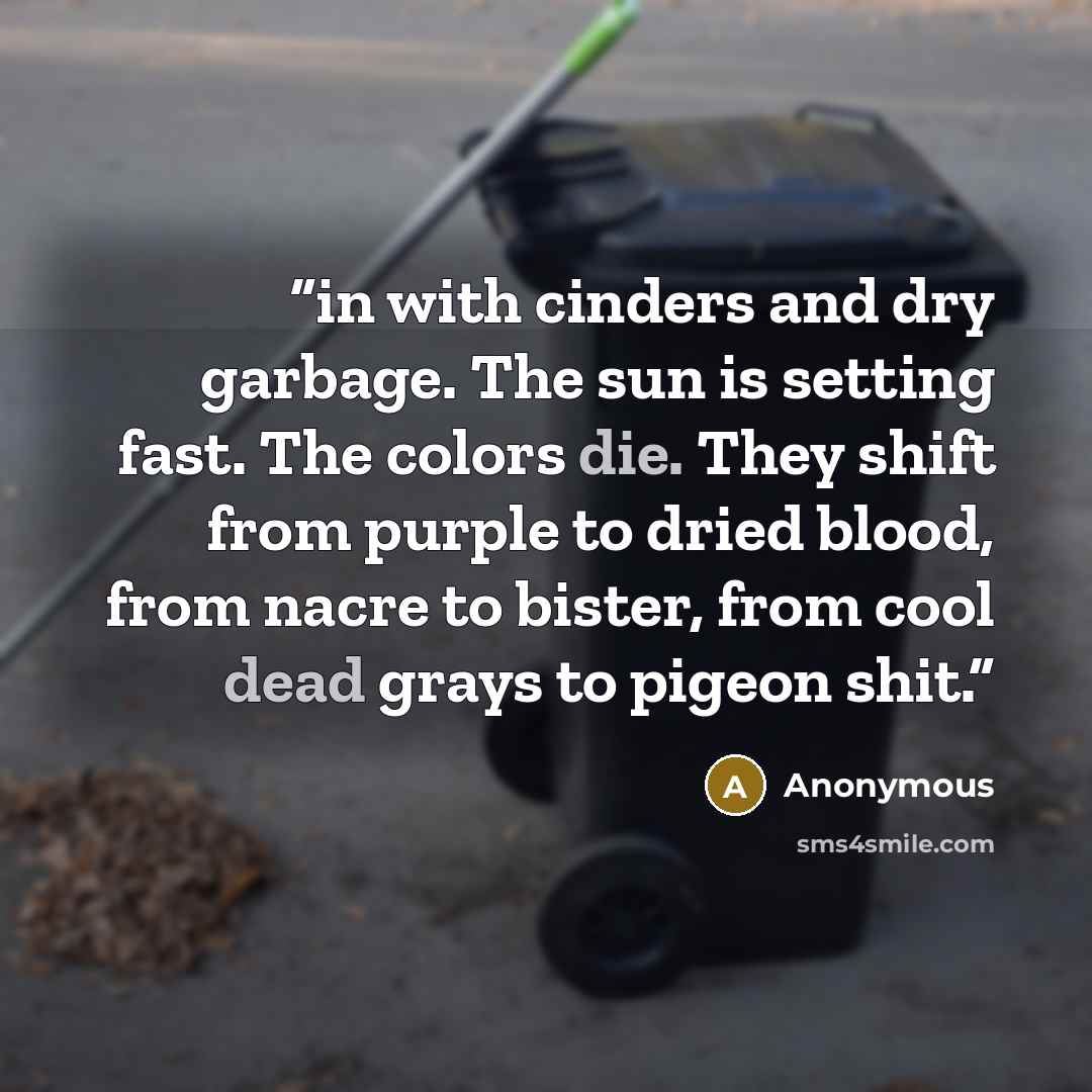 “in with cinders and dry garbage. The sun is setting fast. The colors die. They shift from purple to dried blood, from nacre to bister, from cool dead grays to pigeon shit.” quote by Anonymous