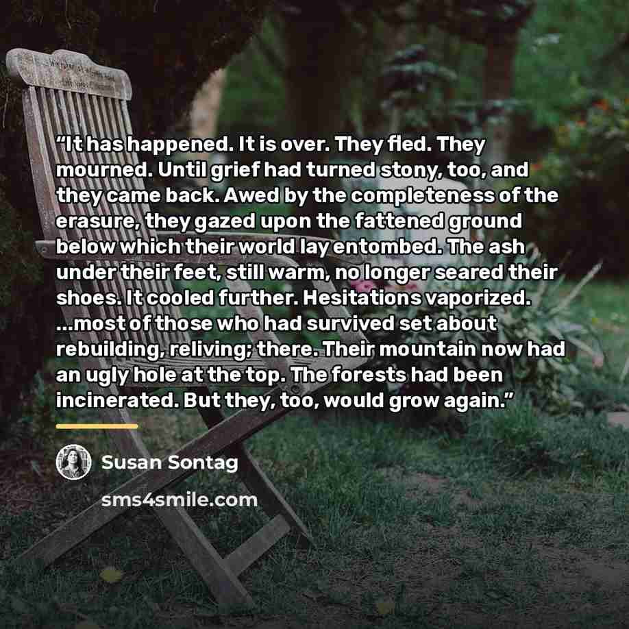 “It has happened. It is over. They fled. They mourned. Until grief had turned stony, too, and they came back. Awed by the completeness of the erasure, they gazed upon the fattened ground below which their world lay entombed. The ash under their feet, still warm, no longer seared their shoes. It…” quote by Susan Sontag