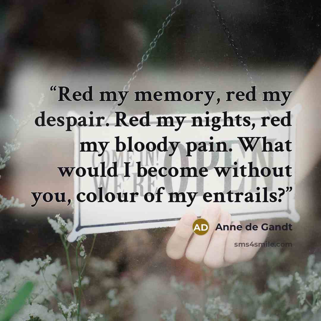 “Red my memory, red my despair. Red my nights, red my bloody pain. What would I become without you, colour of my entrails?” quote by Anne de Gandt